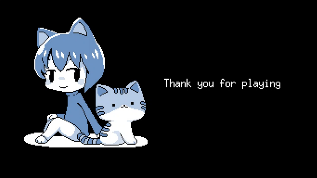 ゲーム【猫の願いがかなうなら】クリア後のイラスト画像。主人公とメインキャラの猫が一緒に座っている。
